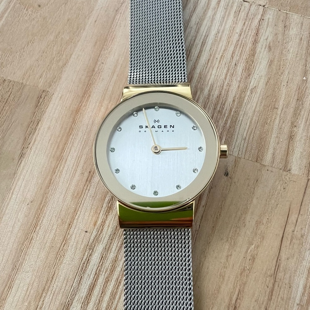 Skagen Denmark ladies two-tone metal mesh contemporary dress watch NEW BATTERY